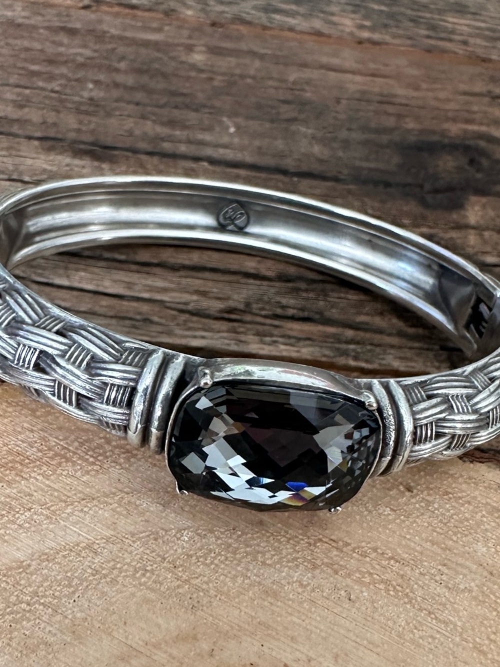Brighton Silver Basket Weave Hinged Bracelet w/ Smoky Black Crystal - Rare Find!